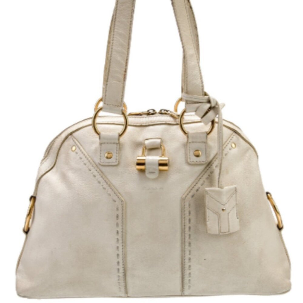 Auth Saint Laurent Reve Gauche Muse Bag Off-Ehite Leather Handbag ~Italy